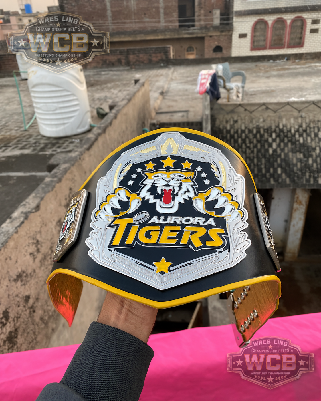 Aurora Tigers Custom Sports Championship Belt – Black, Silver & Gold