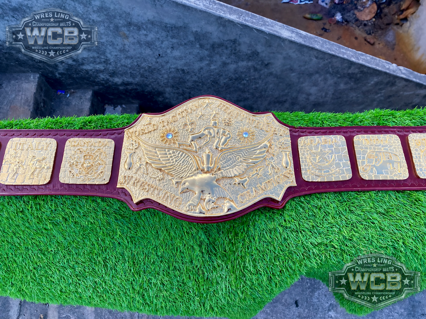 World Heavyweight Wrestling Champion Belt – Burgundy & Gold Vintage Style