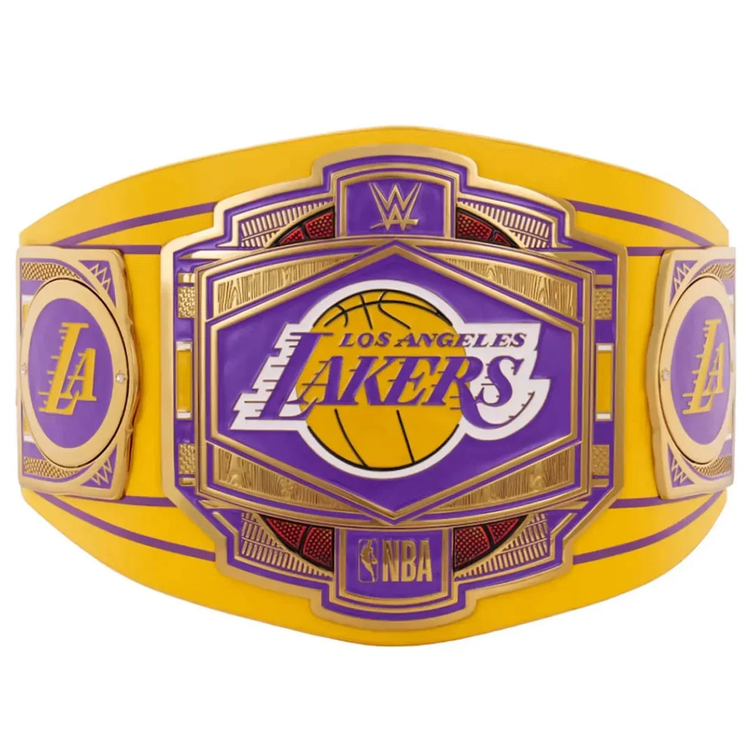 Los Angeles Lakers championship belt with NBA and WWE logos on a white background