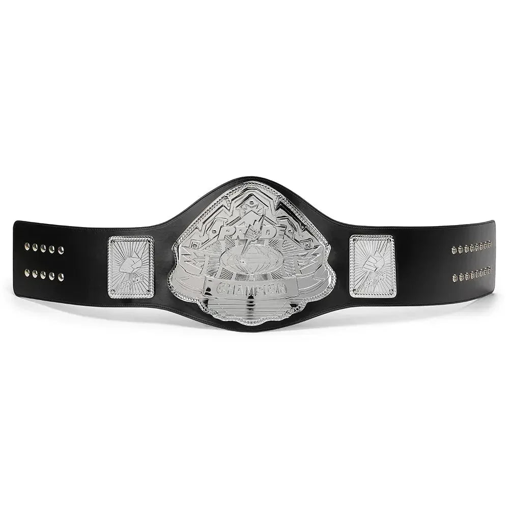 Black championship belt with silver buckle on a white background